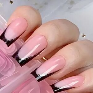 24 Pcs Black Frenh Nail Set W/A Glittery Silver Strip BUY ONE GET ONE FREE